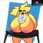  anthro areola avian beakless bent_over bib big_breasts bird black_hair black_sclera blonde_hair breast_rest breasts chicken clothing cracks duo english_text female five_nights_at_freddy&#039;s five_nights_at_freddy&#039;s_2 furniture galliform gallus_(genus) hair headphones hi_res huge_breasts huge_thighs human hyper hyper_breasts male mammal markiplier nipples non-mammal_breasts nude open_mouth phasianid pink_nipples scottgames shirt shocked solo_focus table text thick_thighs topwear toy_chica_(fnaf) video_games white_eyes wide_eyed youtuber zantanerz_(artist) 
