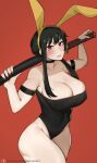 1girl bangs bare_shoulders black_hair blush bob_(bobtheneet) breasts cleavage curvy fingernails hairband highres huge_breasts leotard long_hair looking_at_viewer nail_polish red_eyes red_nails sidelocks skin_tight solo spy_x_family thick_thighs thighs toned weapon yor_briar 