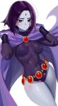  1girl bare_legs belt black_leotard blush breasts cloak colored_skin covered_nipples dc_comics forehead_jewel grey_skin highleg highleg_leotard highres hood hood_down hooded_cloak leotard nia_(nia4294) purple_cloak purple_eyes purple_hair raven_(dc) simple_background smile solo teen_titans thighs 