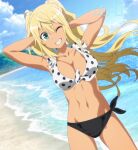  1girl artist_request bare_shoulders beach bikini blonde_hair breasts dark-skinned_female dark_skin dumbbell_nan_kilo_moteru? eyelashes green_eyes gyaru happy highres large_breasts long_hair looking_at_viewer navel ocean one_eye_closed sakura_hibiki segment_display sky smile solo source_request standing swimsuit tan 