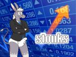  anthro asinus black_suit blonde_hair blue_necktie briefs clothing coat crossed_arms donk_(donkdork) donkey dress_shirt english_text equid equine erection fur grey_body grey_fur hair male mammal necktie shirt smallfryspy smile solo stock_market suit tan_body tan_fur text tighty_whities topwear underwear white_briefs white_clothing white_dress_shirt white_underwear 