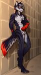  absurd_res anthro canid canid_demon canine canis demon dreyk-daro fur genitals hair headphones hellhound hi_res looking_at_viewer male mammal maverick_(lonekeith) music music_player paws penis red_eyes red_sclera shower smile solo standing wolf 
