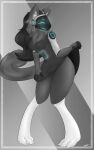 3_toes anthro black_claws black_clothing black_hair bread breasts claws clothed clothing digital_media_(artwork) feet female fingers food fur grey_body grey_fur hair hi_res machine mammal nervous protogen protogen_visor quiverthorn simple_background smile solo toes white_body white_fur 