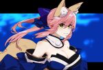 1031_(senzai_001) 1girl animal_ear_fluff animal_ears bare_shoulders blue_bow blue_kimono blue_ribbon bow breasts cleavage collarbone detached_sleeves eyebrows_visible_through_hair fate/extella fate/extra fate/grand_order fate_(series) fox_ears fox_girl fox_shadow_puppet fox_tail hair_ribbon highres japanese_clothes kimono large_breasts looking_at_viewer looking_to_the_side pink_hair ribbon solo split_ponytail tail tamamo_(fate) tamamo_no_mae_(fate/extra) yellow_eyes 