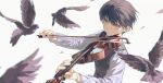  1boy bangs black_bird black_hair black_vest blurry blurry_foreground buttons chinese_commentary closed_mouth commentary eyebrows_behind_hair hair_between_eyes instrument lan-ge-zi long_sleeves looking_at_viewer male_focus music original playing_instrument purple_eyes shirt short_hair simple_background solo twitter_username upper_body vest violin white_background white_shirt 