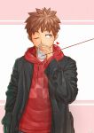  04sora40 1boy absurdres bara brown_eyes brown_hair buttons coat commentary cup hand_in_pocket heart highres holding holding_cup hood hoodie layered_clothing looking_to_the_side male_focus one_eye_closed original string string_of_fate string_phone yaoi 
