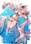  1girl absurdres ayacho bangs bare_shoulders bikini blue_eyes braid breasts commentary commission demon_horns draph granblue_fantasy hair_ornament hair_over_one_eye highres horns large_breasts light_purple_hair long_hair looking_at_viewer low_tied_hair narmaya_(granblue_fantasy) partially_submerged pink_hair pointy_ears purple_hair simple_background single_braid skeb_commission submerged swimming swimsuit thigh_strap thighs white_bikini 