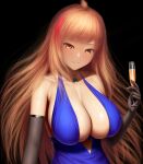 1girl bangs bare_shoulders black_background blonde_hair blush breasts champagne_flute cleavage closed_mouth cup dress drinking_glass elbow_gloves gloves highres holding holding_cup huge_breasts jewelry long_hair looking_at_viewer masatoki original simple_background smile solo yellow_eyes 