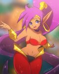  2019 5_fingers blue_eyes breasts brown_body brown_skin cleavage clothed clothing ear_piercing ear_ring female fingers genie hair hi_res humanoid humanoid_pointy_ears not_furry omiza-zu open_mouth open_smile piercing ponytail purple_hair shantae shantae_(series) signature smile solo video_games wayforward 