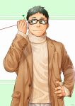  04sora40 1boy absurdres bara black_hair buttons coat commentary cup glasses green_eyes hand_on_hip heart highres holding holding_cup layered_clothing listening looking_to_the_side male_focus original string string_of_fate string_phone sweater turtleneck turtleneck_sweater yaoi 