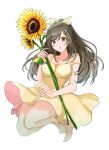  1girl :o artist_request bare_legs blush breasts brown_eyes brown_hair cleavage collarbone dot_nose dress eyebrows_visible_through_hair feet flower hair_ribbon highres idolmaster idolmaster_shiny_colors large_breasts long_hair looking_at_viewer ribbon sundress sunflower thighs tsukioka_kogane white_background 