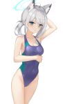  1girl absurdres animal_ear_fluff animal_ears bangs blue_archive blue_eyes competition_swimsuit covered_navel cowboy_shot cross_hair_ornament grey_hair hair_ornament halo highleg highleg_swimsuit highres medium_hair mismatched_pupils one-piece_swimsuit purple_swimsuit shiorin_(1825721785) shiroko_(blue_archive) simple_background solo swimsuit white_background 