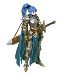  1girl absurdres armor armored_boots arms_at_sides arowana2111 belt_pouch blue_eyes blue_hair boobplate boots breastplate english_commentary full_body gauntlets highres huge_weapon knight long_hair original pelvic_curtain plate_armor ponytail pouch shoulder_armor solo standing sword weapon white_background 