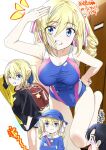  2girls ;p angelina_kudou_shields backpack bag black_eyes black_hair blonde_hair blue_eyes blush drill_hair drill_locks hair_between_eyes hat highres mahouka_koukou_no_rettousei mamezuka_takashi medium_hair multiple_girls one-piece_swimsuit one_eye_closed oversized_clothes randoseru ribbon school_uniform short_hair smile swimsuit sylvia_mercury_first tongue tongue_out twin_drills twintails water_drop wet wet_clothes wet_swimsuit younger 