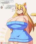  absurd_res animal_humanoid big_breasts blonde_hair breasts cat_humanoid cleavage clothed clothing english_text fake_face_(artist) felid felid_humanoid feline feline_humanoid female hair hi_res huge_breasts humanoid mammal mammal_humanoid sweater text topwear 