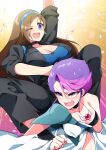  2girls black_choker black_jacket black_pants blue_hairband blue_shirt blush breasts brown_hair choker choujuu_kishin_dancouga cleavage collarbone dancouga_(series) eyebrows_visible_through_hair hairband highres jacket large_breasts long_hair moth_(robot_girls_z) multiple_girls one_eye_closed pants robot_girls_z shapi_(robot_girls_z) shapiro shirt smile toga v-shaped_eyebrows 