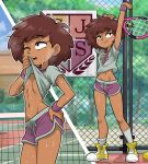  amphibia anne_boonchuy arms_up asymmetrical_legwear breasts brown_hair centinel303 chain-link_fence dark-skinned_female dark_skin fence navel no_bra racket school_emblem shoes short_shorts shorts small_breasts smile sneakers standing steaming_body stomach sweat sweating_profusely tennis_racket uneven_legwear wiping_face wristband 