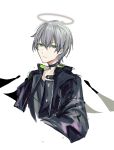  1boy absurdres arene_(arknights) arknights bangs black_choker black_jacket black_shirt choker closed_mouth cropped_torso eyebrows_visible_through_hair green_eyes grey_hair hair_between_eyes halo highres jacket long_sleeves looking_at_viewer male_focus open_clothes open_jacket shirt simple_background solo upper_body white_background yoi6/yoiro 