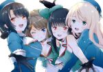  4girls amoichi777 aqua_headwear atago_(kancolle) beret black_gloves black_hair blonde_hair blue_eyes blue_headwear breasts brown_hair choukai_(kancolle) glasses gloves green_eyes hair_ornament hairclip hat hat_ribbon kantai_collection large_breasts long_hair maya_(kancolle) maya_kai_ni_(kancolle) midriff military military_uniform mini_hat multiple_girls red_eyes ribbon rimless_eyewear short_hair sleeveless takao_(kancolle) uniform x_hair_ornament 