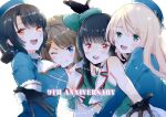  4girls amoichi777 anniversary aqua_headwear atago_(kancolle) beret black_gloves black_hair blonde_hair blue_eyes blue_headwear breasts brown_hair choukai_(kancolle) glasses gloves green_eyes hair_ornament hairclip hat hat_ribbon kantai_collection large_breasts long_hair maya_(kancolle) maya_kai_ni_(kancolle) midriff military military_uniform mini_hat multiple_girls red_eyes ribbon rimless_eyewear short_hair sleeveless takao_(kancolle) uniform x_hair_ornament 