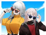  2girls artist_name bangs belt black_nails blue_sky braid braided_ponytail breasts brown_jacket casual closed_mouth darkpulsegg english_commentary eyebrows_visible_through_hair eyepatch girls&#039;_frontline grey_hair hand_on_eyewear jacket licking_lips lips long_hair looking_at_viewer m16a1_(girls&#039;_frontline) m200_(girls&#039;_frontline) medium_breasts multiple_girls nail_polish open_clothes open_jacket open_mouth parted_lips purple_eyes red_nails red_shirt shirt simple_background sky small_breasts smile sunglasses teeth_hold tongue tongue_out turtleneck upper_body yellow_eyes yellow_shirt 