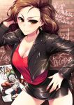  1girl alternate_costume black_jacket black_skirt breasts brown_eyes brown_hair cleavage collarbone commission earrings hand_on_hip jacket jewelry kamen_rider kamen_rider_stronger kamen_rider_stronger_(series) leather leather_jacket long_hair medium_breasts misaki_yuriko pencil_skirt poster_(object) shapiro skeb_commission skirt smile solo tokusatsu v-shaped_eyebrows 