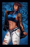  1girl abs arm_tattoo artist_name avatar_(series) bare_shoulders belt belt_buckle black_border blue_eyes border breasts brown_hair buckle commentary cowboy_shot dark-skinned_female dark_skin earrings english_commentary hair_between_eyes highres iahfy injury jewelry korra looking_at_viewer medium_breasts midriff muscular muscular_female pants patreon_username ponytail scar scar_on_face scar_on_nose sideboob solo tattoo the_legend_of_korra torn_clothes torn_legwear twitter_username watch watermark 