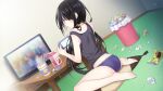  ass asymmetrical_hair bare_legs black_hair date_a_live eating feet game_console hair_tie heterochromia non-web_source pale_skin panties red_eyes sitting tank_top television tokisaki_kurumi trash_can tsunako twintails underwear uneven_twintails 