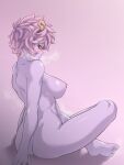  1girl absurdres andou_(fubin) ashido_mina ass back barefoot black_sclera blush boku_no_hero_academia breasts breath colored_sclera colored_skin commentary_request completely_nude from_side full_moon highres horns implied_fingering implied_masturbation indian_style large_breasts looking_down medium_hair moon nipples nude outstretched_arm pink_hair purple_skin shiny shiny_skin sitting soles solo sweat toes twisted_torso yellow_eyes 