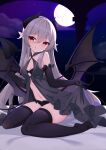  1girl absurdres bare_shoulders black_gloves black_legwear breasts demon_girl elbow_gloves full_moon gloves grey_hair hair_between_eyes highres licking_lips low_wings moon navel night original pointy_ears red_eyes rx7649 small_breasts solo thighhighs tongue tongue_out wings 