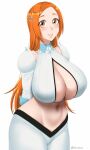  bleach blush breasts brown_eyes cleavage cleavage_cutout clothing_cutout detached_sleeves hair_ornament highres huge_breasts impossible_clothes inoue_orihime lips long_hair long_skirt looking_at_viewer midriff navel orange_hair skirt smile solo thighs twrlare 