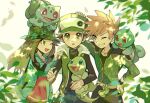  1girl 2boys ;d alternate_color black_shirt blue_oak brown_eyes brown_hair bulbasaur buttons charmander chinese_commentary commentary_request eyelashes grin hair_flaps hand_on_hip hat holding holding_pokemon huan_li jacket jewelry leaf_(pokemon) long_hair multiple_boys necklace official_alternate_costume on_head one_eye_closed open_mouth pants pokemon pokemon_(creature) pokemon_(game) pokemon_frlg pokemon_masters_ex pokemon_on_head red_(pokemon) shirt sleeveless_coat smile squirtle teeth tongue zipper_pull_tab 