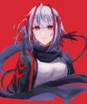  1girl absurdres ahoge arknights bangs black_jacket breasts cropped_torso eyebrows_behind_hair grey_hair hair_between_eyes highres jacket long_sleeves looking_at_viewer medium_breasts open_clothes open_jacket parted_lips red_background red_eyes shirt simple_background solo upper_body w_(arknights) white_shirt yoi6/yoiro 