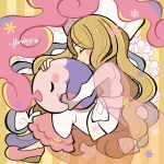  1girl blonde_hair blush_stickers butterfly_hair_ornament caitlin_(pokemon) cape closed_eyes closed_mouth dress from_side hair_ornament hat highres holding holding_pokemon hug kokashiho long_hair musharna pink_cape pink_footwear pokemon pokemon_(creature) pokemon_(game) pokemon_bw see-through_cape symbol-only_commentary very_long_hair wavy_hair wedge_heels white_dress 