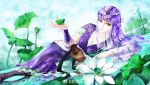  1girl absurdres flower hair_ornament hair_rings hairpin highres long_hair lotus lotus_root lying on_side purple_hair qin_shi_ming_yue shao_siming_(qin_shi_ming_yue) smile solo thighhighs veil yueying_zhuhai 