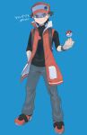 1boy amaya_uw black_shirt blue_background bright_pupils closed_mouth coat commentary_request full_body grey_eyes grey_pants hat highres male_focus open_clothes open_coat pants poke_ball poke_ball_(basic) pokemon pokemon_(game) pokemon_masters_ex red_(pokemon) red_coat red_headwear shirt shoes short_hair simple_background sleeveless_coat sleeves_past_elbows solo translation_request white_pupils 