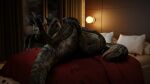  16:9 2022 3d_(artwork) 4k absurd_res bed bedroom bedroom_eyes blue_(jurassic_world) claws crossed_legs digital_media_(artwork) dinosaur dromaeosaurid female female_(lore) feral flower furniture grey_body grey_scales hi_res inside ivorylagiacrus jurassic_park jurassic_world lamp looking_at_viewer lying multicolored_body multicolored_scales narrowed_eyes night on_back on_bed plant presenting reptile rose_(flower) scales scalie seductive sharp_claws solo theropod thick_thighs two_tone_body two_tone_scales universal_studios velociraptor widescreen yellow_eyes 