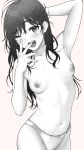  1girl arm_up bangs blush breasts commentary_request covering_mouth eyebrows_visible_through_hair greyscale hand_over_own_mouth long_hair looking_at_viewer monochrome nipples one_eye_closed original panties pink_background simple_background small_breasts solo tears topless tsukimoto_kizuki underwear yawning 