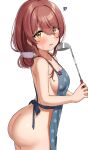  1girl absurdres apron ass bangs blush breasts collarbone cowboy_shot debi_tarou eyebrows_visible_through_hair from_side furrowed_brow hair_between_eyes hair_ornament hair_scrunchie highres holding idolmaster idolmaster_shiny_colors ladle looking_at_viewer naked_apron open_mouth osaki_tenka raised_eyebrows scrunchie shiny shiny_hair sideboob simple_background solo star_(symbol) star_print strap_gap sweatdrop wanimaru yellow_eyes 