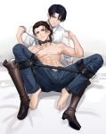  2boys abs absurdres ascot barefoot bdsm black_hair boots bsdm collar collarbone collared_shirt denim ear_piercing earrings eren_yeager fh_moya full_body green_eyes grey_eyes hair_bun highres jeans jewelry knee_boots leash levi_(shingeki_no_kyojin) looking_at_viewer messy_hair multiple_boys multiple_piercings nipple_piercing nipples open_fly pants parted_lips piercing reclining shingeki_no_kyojin shirt short_hair sitting spread_legs spreader_bar toned topless very_short_hair white_ascot yaoi 