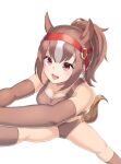  1girl animal_ears bare_shoulders brown_buruma brown_gloves brown_hair brown_legwear brown_sports_bra buruma chestnut_thoroughbred_(kemono_friends) elbow_gloves extra_ears eyebrows_visible_through_hair gloves headgear highres horse_ears horse_girl horse_tail kemono_friends kemono_friends_3 long_hair midriff multicolored_hair ponytail red_eyes sawara_noa sleeveless socks solo sports_bra sportswear stretch tail two-tone_hair white_hair 