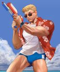  1boy absurdres ass_visible_through_thighs biceps blonde_hair cloud cloudy_sky collared_shirt day floral_print glasses highres looking_to_the_side male_focus male_swimwear manly mature_male muscular muscular_male nez open_clothes open_shirt overwatch shirt sky soldier:_76_(overwatch) solo spiked_hair sunglasses swim_briefs t-shirt thick_eyebrows tight watch water_gun 