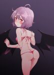  1girl ahoge ass bangs bat_wings bikini black_background black_wings blush closed_mouth dra eyebrows_visible_through_hair from_behind highres looking_at_viewer looking_back purple_hair red_bikini red_eyes remilia_scarlet short_hair solo standing sweatdrop swimsuit touhou wings 