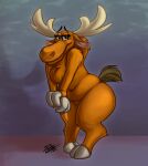  2022 absurd_res anthro becky_(johnny_bravo) big_butt black_eyes brown_body brown_fur butt capreoline cervid chest_tuft cloven_hooves curvaceous curvy_figure cute_expression detached_eyebrows digital_media_(artwork) featureless_crotch female floppy_ears fur hi_res hooves looking_at_viewer mammal moose potes pussy_mound slightly_chubby_anthro slightly_chubby_female smile solo solo_focus thick_thighs tuft voluptuous wide_hips 