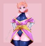  1girl aka_nobodyy bare_shoulders black_eyes black_legwear breasts chronoa closed_mouth colored_skin cowboy_shot dragon_ball dragon_ball_xenoverse earrings hands_on_hips highres jewelry large_breasts leotard light_blush light_smile looking_at_viewer orange_hair pink_background pink_skin pointy_ears potara_earrings short_hair simple_background smile thighhighs twitter_username 