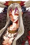  1girl breasts cleavage closed_mouth earrings facial_mark final_fantasy final_fantasy_viii horns jewelry lipstick long_hair looking_at_viewer makeup necklace seriel_(summertosuika) simple_background solo ultimecia white_background white_hair yellow_eyes 