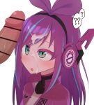  1girl :o ? bangs bow character_name collar covered_collarbone cum cum_on_hair erection facial green_eyes hair_bow headgear headphones kizuna_ai kizuna_ai_inc. kzn_(cevio) long_hair looking_at_penis multicolored_hair open_mouth organ_rn penis portrait purple_hair raised_eyebrow simple_background streaked_hair swept_bangs virtual_youtuber 