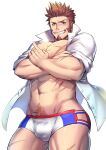  1boy abs bara blue_eyes blue_male_swimwear brown_hair bulge commentary_request cowboy_shot crossed_arms dress_shirt epaulettes facial_hair fate/grand_order fate_(series) french_flag_print goatee grin highres large_pectorals long_sideburns looking_at_viewer male_focus male_swimwear muscular muscular_male napoleon_bonaparte_(fate) navel navel_hair no_pants open_clothes partially_unbuttoned pectoral_cleavage pectorals print_male_swimwear scar scar_on_leg scar_on_stomach shirt short_hair sideburns simple_background sleeves_pushed_up smile solo spiked_hair swim_briefs teeth thick_thighs thighs waku_(ayamix) white_background white_male_swimwear white_shirt 
