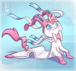  :3 after_transformation blue_body blue_eyes blush bow_tie eeveelution female feral flattened floppy_ears hi_res lying nintendo on_front pink_body pink_tail pok&eacute;mon pok&eacute;mon_(species) ribbons simple_background smile solo sylveon transformation uluri video_games watermark white_body wide_eyed wind 