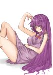  1girl absurdres arm_up bangs bare_arms bare_legs blunt_bangs blush bow breasts closed_mouth commentary_request covered_nipples dress eyebrows_visible_through_hair feet_out_of_frame from_side frown hair_bow highres knees_up kuraki long_hair looking_at_viewer nightgown no_hat no_headwear patchouli_knowledge purple_dress purple_eyes purple_hair red_bow short_dress sidelocks simple_background sitting sleeveless sleeveless_dress solo thighs touhou very_long_hair white_background 